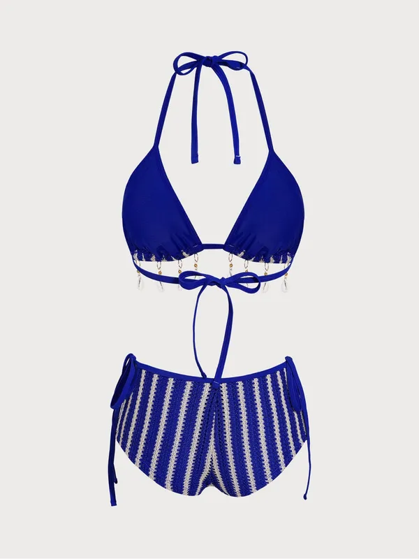 Samiol Blue Contrast Striped Beaded Shorts Bikini Set - Image 3