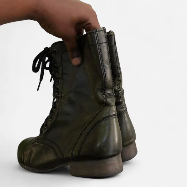 Goth Military Biker Grunge Steampunk Steve Madden Troopa Combat genuine leather lace up boots Ankle Booties Dark Green #Whimsygoth #Streetwear #Punk #Alternative #Rock #Whimsigoth - Image 2