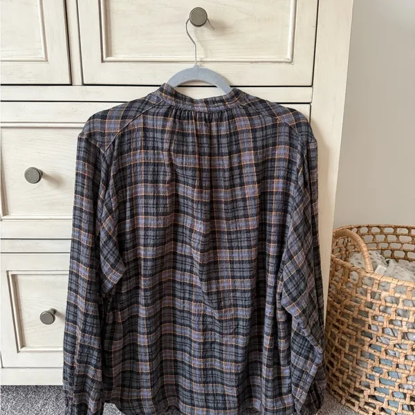Free People Gray and Black Boxy Blouse with Mandarin Collar - Image 3