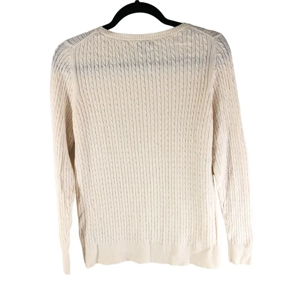 LL Bean Womens Sweater Cotton Wool Blend Cable Knit Scoop Knit Ivory M - Image 2