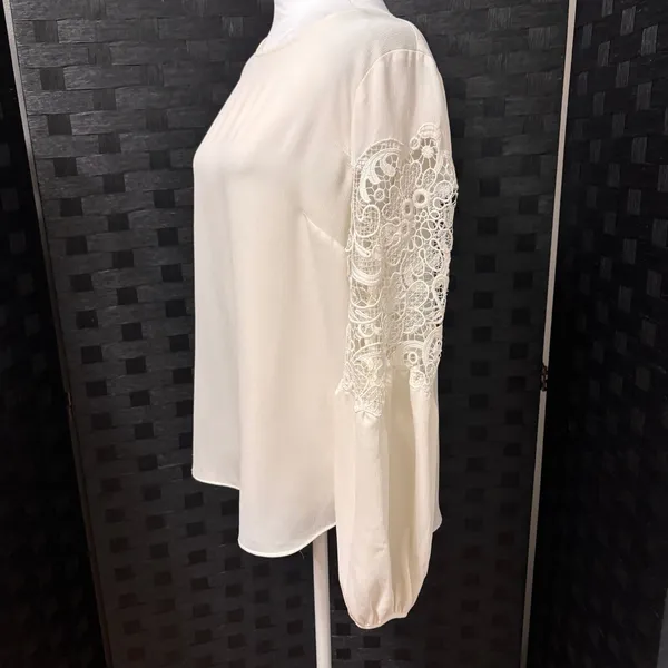 Ann Taylor Gauzy Blouse Womens S Cream Lace Crochet Lantern Sleeve‎ Boho Office - Image 3