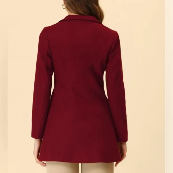 Burgundy Red Turn Down Collar Buttoned Mid-Long Winter Coat - Medium - Image 4