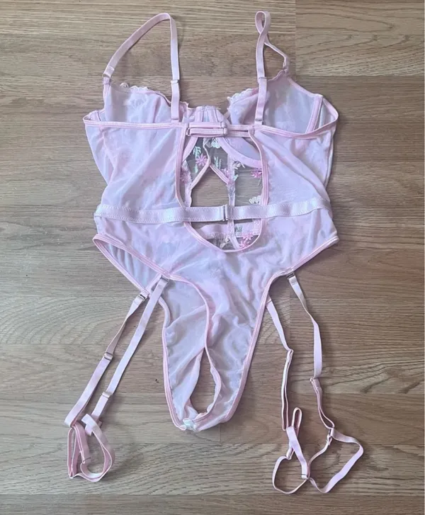 Pink Floral Embroidered Lingerie Bodysuit - Image 4