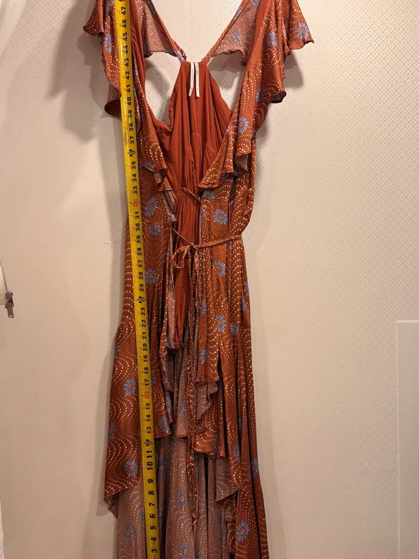 Anthropologie Ruffle-Sleeve Printed-Wrap Rust Midi Dress with Blue Floral Print - Image 8