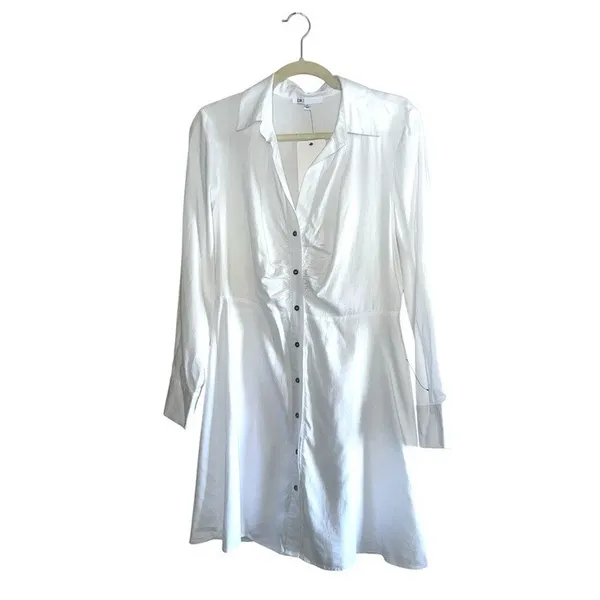 DR2 White Ruched Button Front Shirt Dress M NWT Cottagecore Minimalist - Image 3