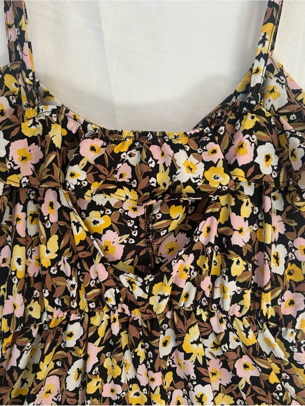 NWT Floral Ruffle-Trim Maxi Dress in Brown, Pink & Yellow, side slit, SZ Large. - Image 7