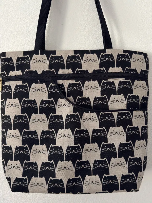 Danny K. Isabella Cat Print Tote Shoulder Bag Tapestry Zip Pockets Black Cream - Image 3