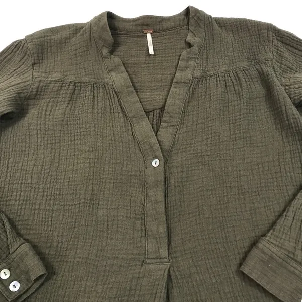 FREE PEOPLE Changing Horizons V Neck Top Sz S Olive Green Gauze Oversize Boho - Image 8