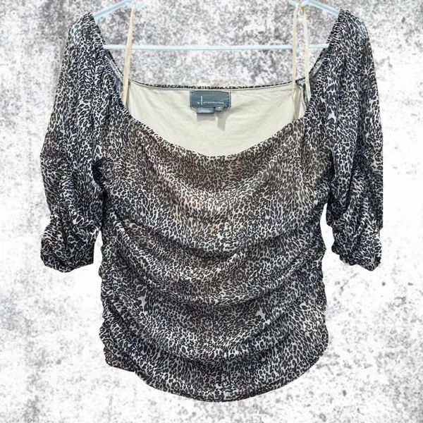 Anthropologie Leopard‎ Mesh Ruched Off Shoulder Top Brown Black Medium - Image 2