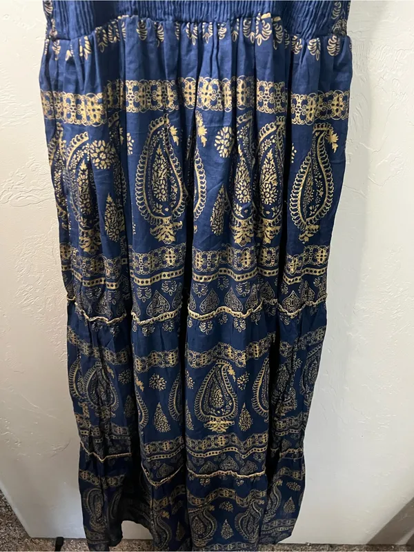 Me 2 Magic Navy Gold Sequin Paisley Smocked Boho Festival Maxi Dress - Image 9