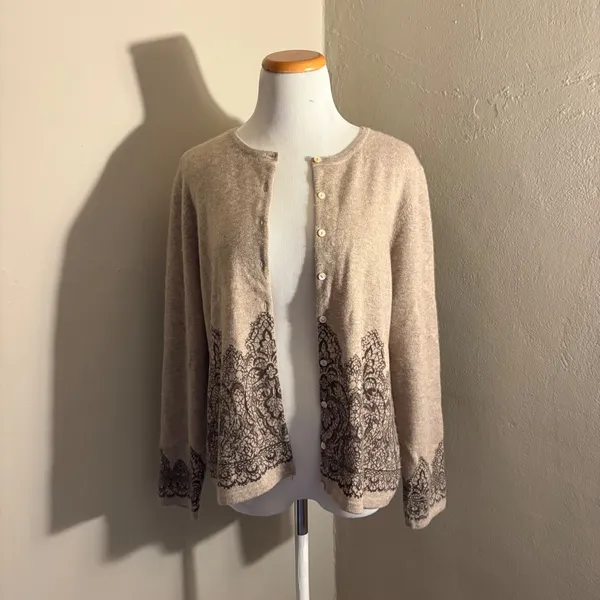 100% Cashmere Charter Club Lace Print Cardigan Sweater XL Tan Button Front Knit - Image 2