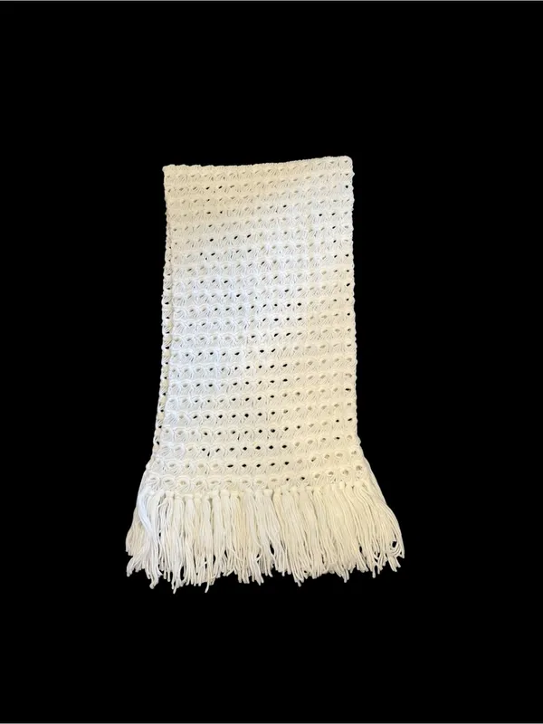 Handmade Vintage Hand Crochet Shawl Wrap Open Knit White Fringe - Image 5