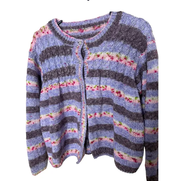 Handmade Hand Crocheted Purple Striped Cardigan 3 Button Crew Neck Sweater L/XL - Image 2