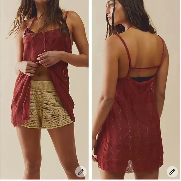 Free people tank top semi sheer textured material burnt Red Size M NWT - Image 2