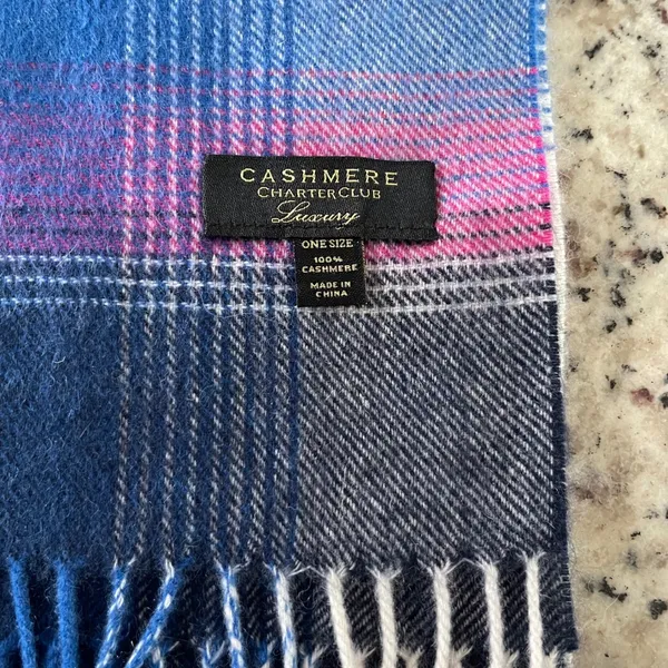 Charter Club Scarf Women OS Blue Pink Plaid Cashmere Luxury Fringe Winter Wrap - Image 4