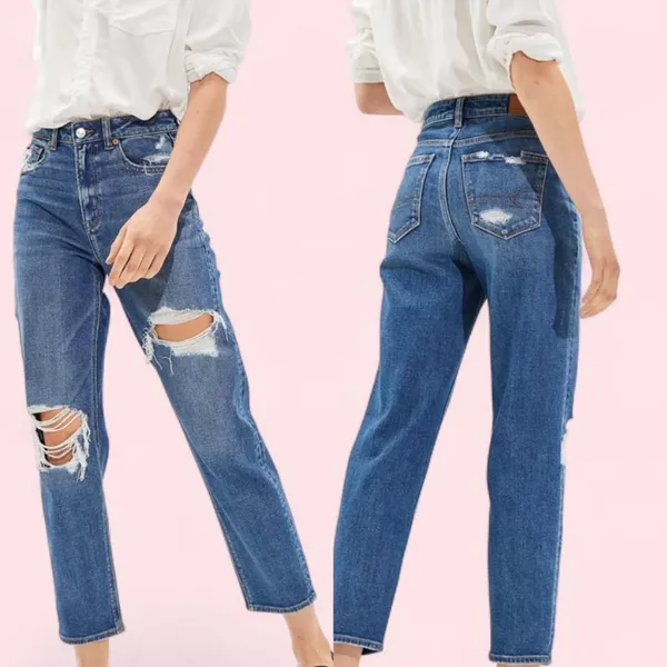 Women’s American Eagle Mom Straight Jeans Distressed 000 Regular Cool Torn Blue - Image 2