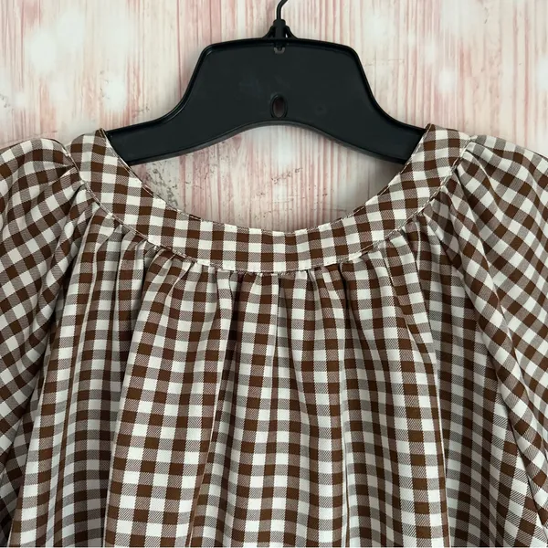 Unbranded Brown Gingham White Plaid Puff Sleeve Hi Lo Hem Button Front Top Sz S - Image 6