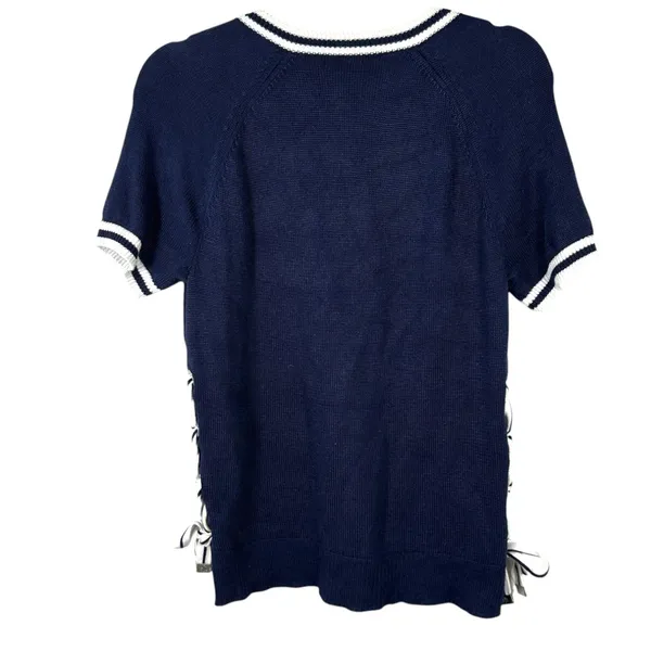 Lauren Ralph Lauren Blue Nautical Lace Up Knit Short Sleeve Shirt Women's Medium - Image 3