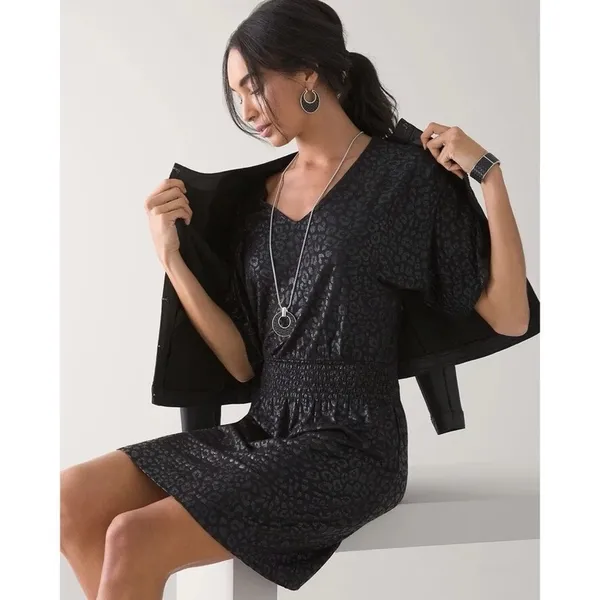 White House | Black Market NWT!! Kimono Sleeve Smocked Waist Dress Leopard Foil Mini Animal X-Small - Image 5