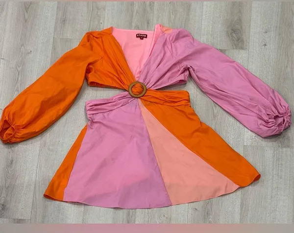 STAUD Women’s Gulf A-Line Cutout Dress in Orange & Pink Size 10 - Image 3