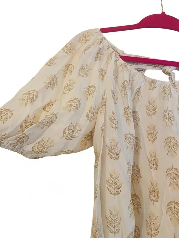 Old Navy Gold Leaf Peasant Blouse Off Shoulder Puff Sleeve Bow Back Small - Image 2