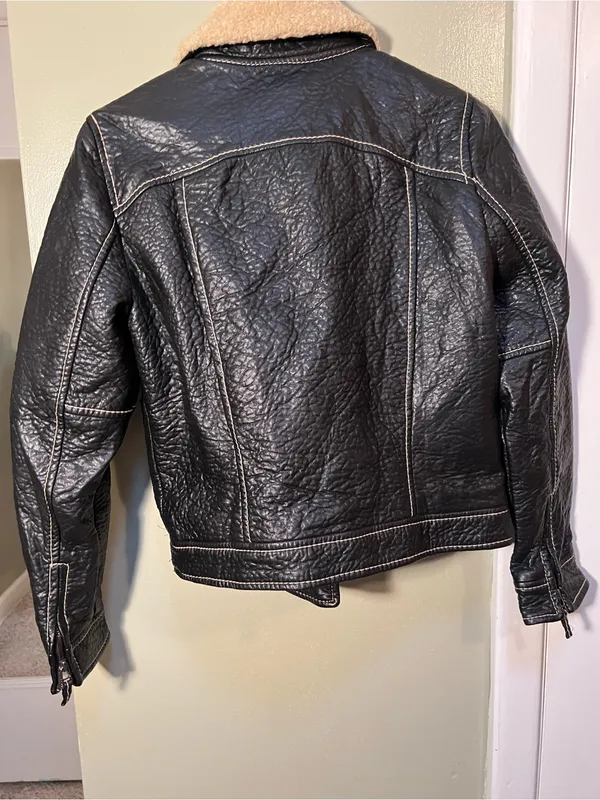 Studio M Women’s Size XS Faux Leather Jacket Black Sherpa Textured Wool Trim - Image 9