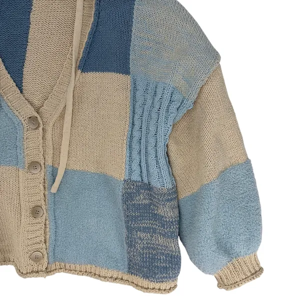 POL Blue Beige Patchwork Knit Hooded Button Cardigan Sweater Cozy Boho Size M - Image 3