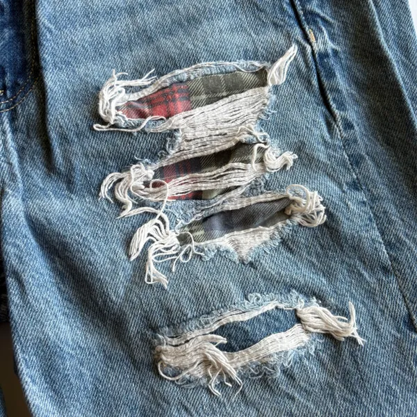 American Eagle Plaid Patchwork Distressed Mom Straight Jean - Image 3