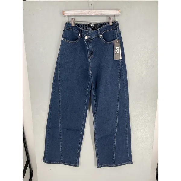 Madden NYC Womens Wide Leg Jeans Crossover Waist Blue Denim Medium 8-10 - Image 2
