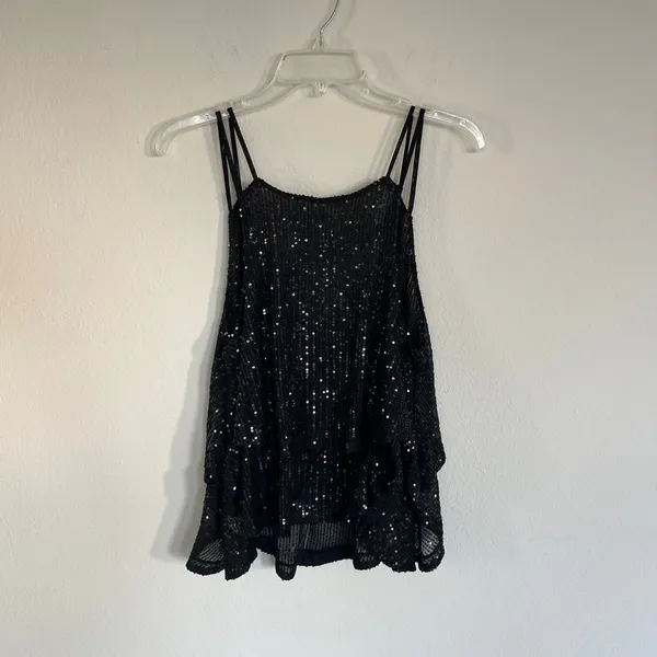 Free People Black Sequin Layered Spaghetti Strap Top Size Small NWT - Image 5