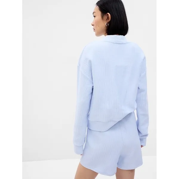 GAP Cardigan Light Blue Ribbed Knit Button Front Cropped V Neck Women's Size L‎ - Image 3