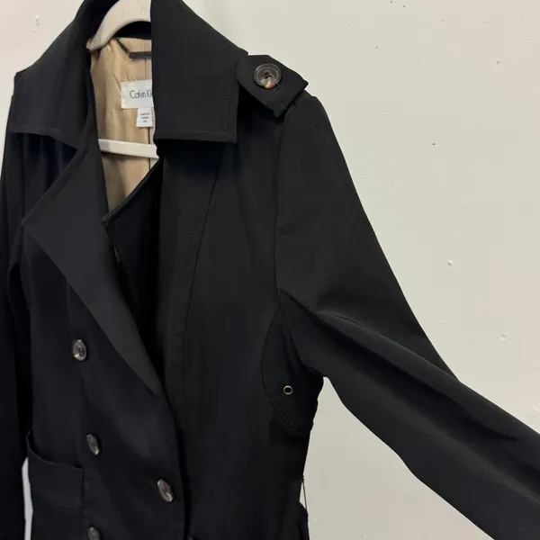 Calvin Klein Black Double Breasted Belted‎ Trench Coat Jacket XS Epaulettes - Image 8