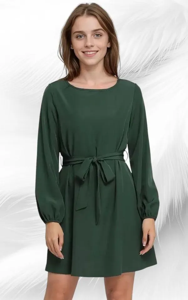 Women's Solid Round Neck Puff A-line Dress - Image 5