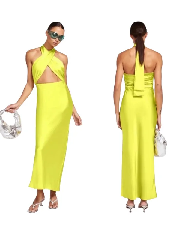 SIMON MILLER Satin Halter Chartreuse Prom Wedding Guest Long Slip Dress 10 - Image 3