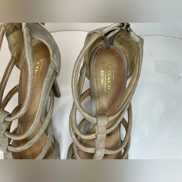 Coach Women’s Lavania Beige Suede‎ Strappy Heeled Sandals with Zipper Size 6.5. - Image 7