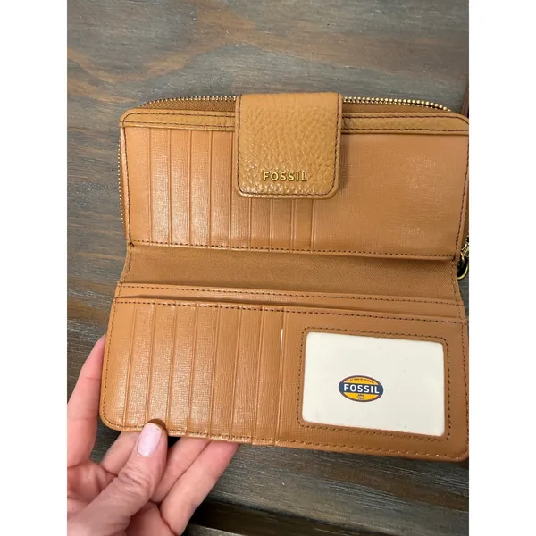 Fossil Colorblock Stripe Zip Around Wristlet Wallet Tan White Orange - Image 3