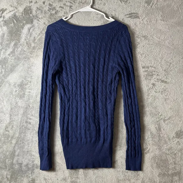 American Eagle Navy Y2K Preppy Cable Knit Sweater Classic‎ Preppy Size Large New - Image 3