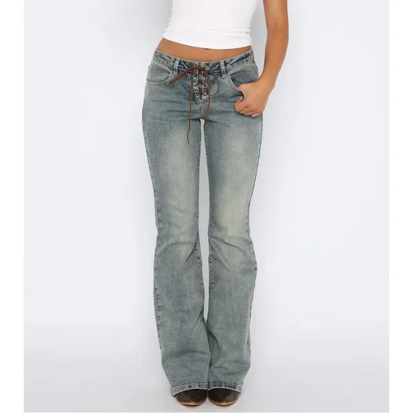 White Fox Low Rise Flare Jeans Original Trendsetter Brown Tie Size S in Blue - Image 5
