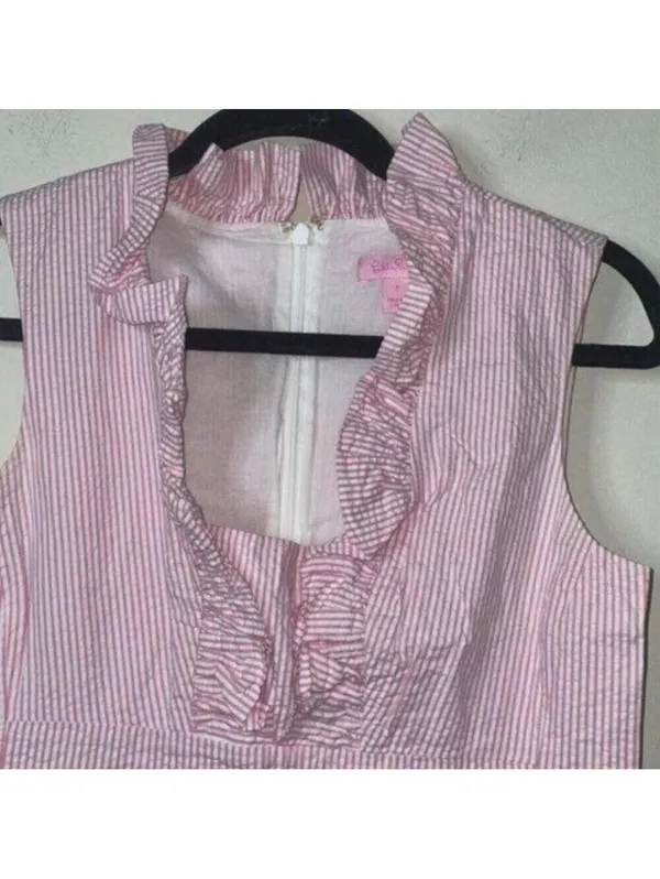 Lilly Pulitzer Pink and White Seersucker Striped Ruffle Collar Dress - Image 2