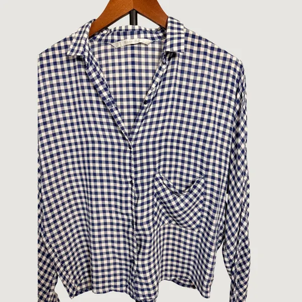 Zara Trafaluc Navy Blue Gingham Check Button Down Shirt Long Sleeve Medium - Image 4