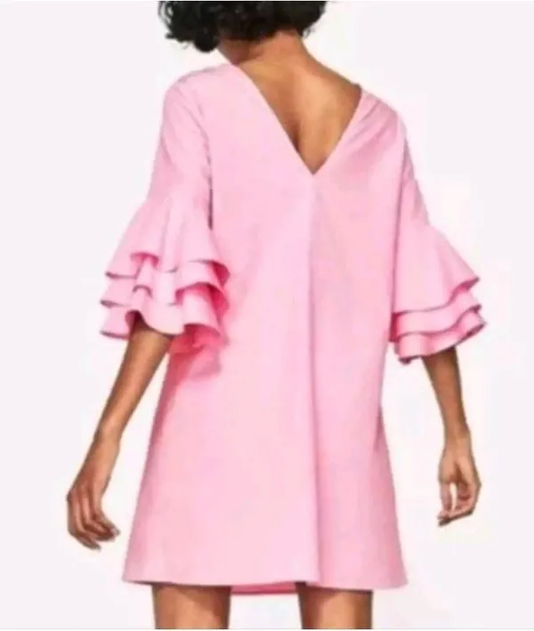 Zara Light Pink Ruffle Bell Sleeve Shift Mini Dress Size: XS - Image 2