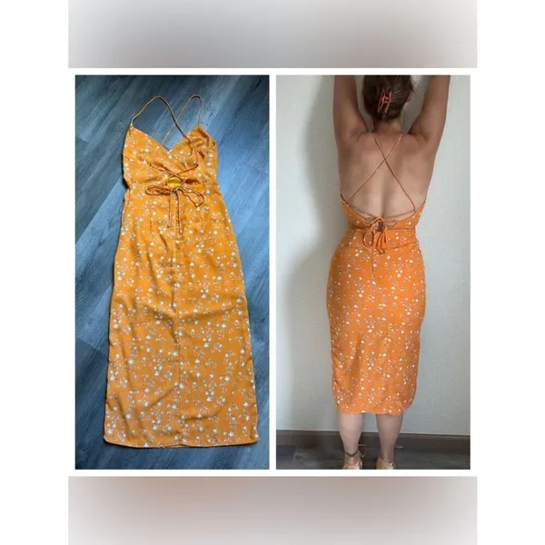 Endless Blu Ruched Midi Dress Bodycon Leg Slit Orange Floral - Image 5