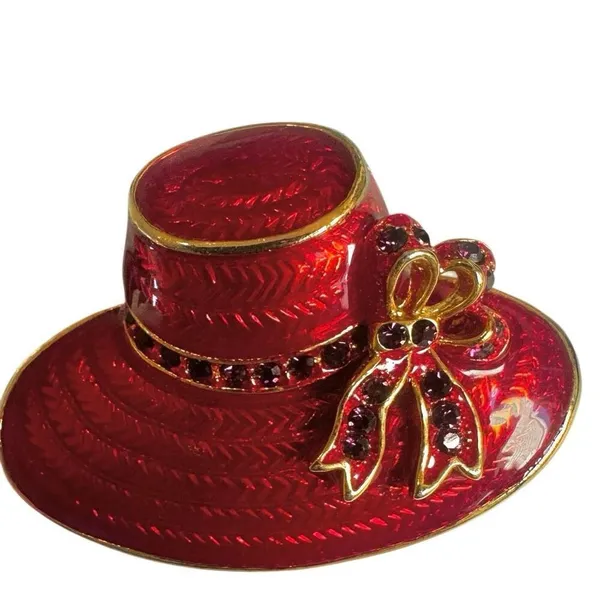 Red Enamel Wide-Brim Hat Brooch w/ Rhinestone Bow, Gold Tone - Image 4