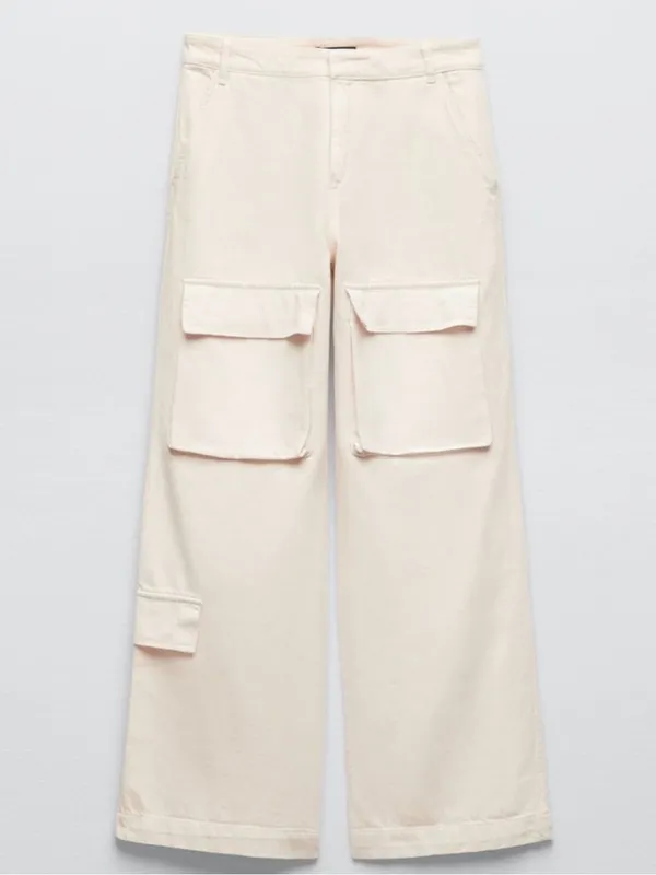 Zara Blogger Favorite Ecru Wide Leg Cargo Jeans Pants Size M - Image 2
