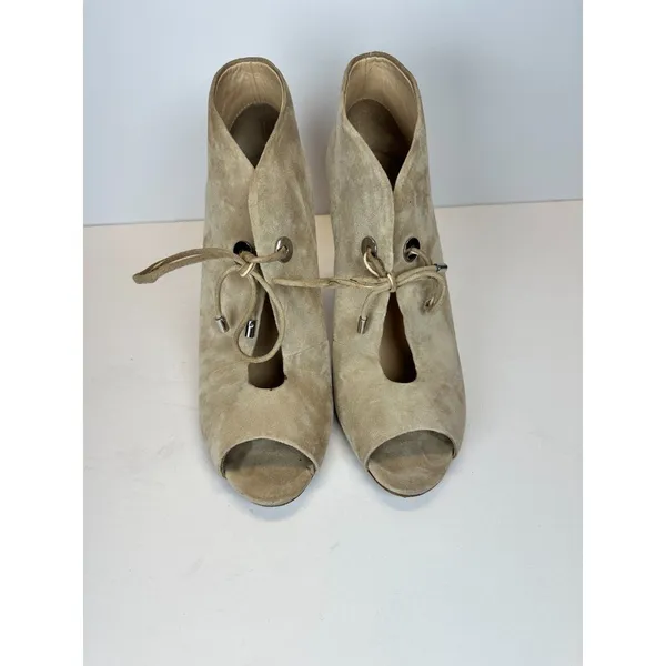 Badgley Mischka Peep Toe Booties Women 8 Taupe Suede Lace Up Stiletto Heel - Image 2