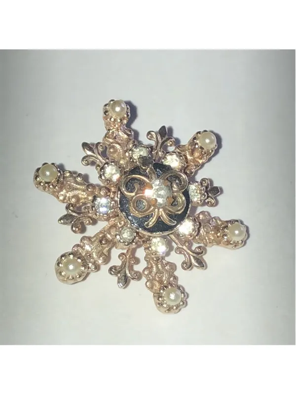 Vintage Gold Tone Snowflake Faux Pearl Brooch - Image 2