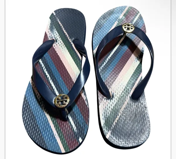 Tory Burch Navy Medley Striped Rubber Logo Flip Flop Sandals - Image 4