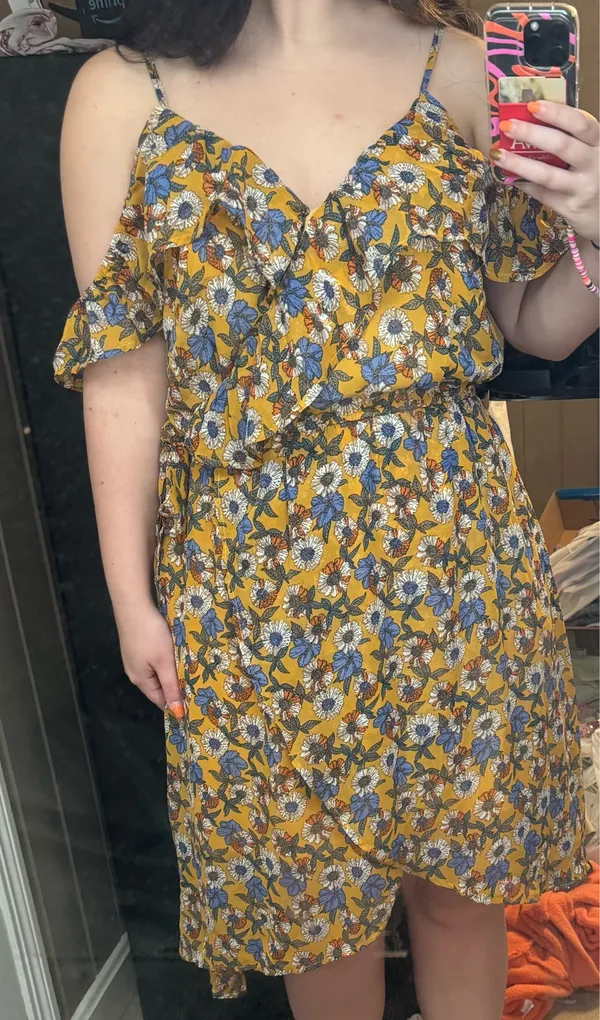 Love floral path mustard dress ruffle neck faux wrap dress 92534563 from glitzy girlz boutique NWT - Image 8