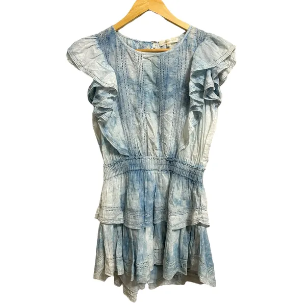 Cottagecore Boho LoveShackFancy Cotton Tie Dye Lace Ruffle Mini‎ Dress Blue XS - Image 2