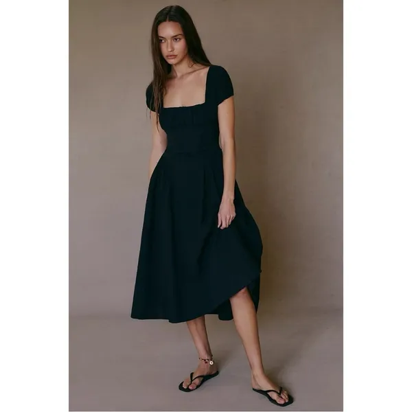 Free People Ciara Pucker Check Midi Dress in Black Size Small Minimalist - Image 2